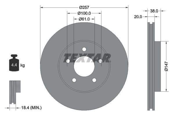 TEXTAR PRO 92152403 Brake disc 257x20mm, 05/05x100, internally vented, Coated