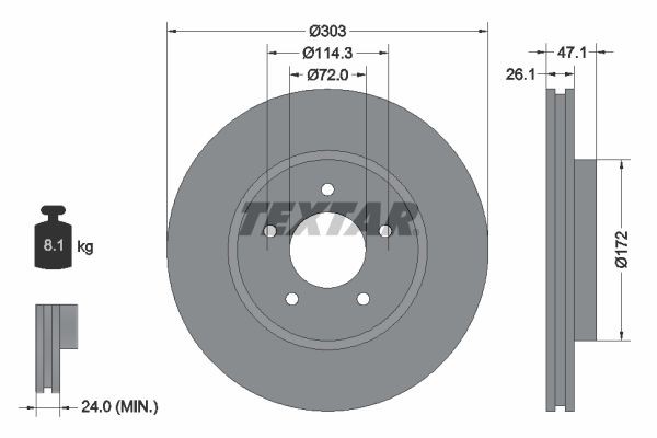 92197703 TEXTAR Brake rotors FORD USA 303x26,1mm, 05/05x114,3, internally vented, Coated