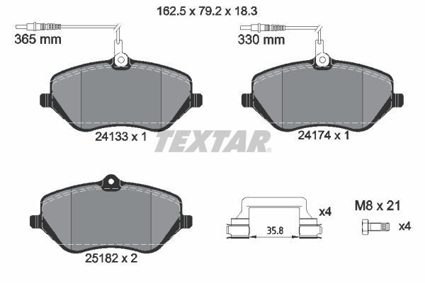 24133 TEXTAR with integrated wear warning contact, with brake caliper screws, with accessories Height: 79,2mm, Width: 162,5mm, Thickness: 18,3mm Brake pads 2413303 buy