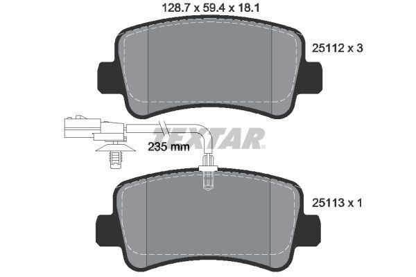 25112 TEXTAR with integrated wear warning contact Height: 59,4mm, Width: 128,7mm, Thickness: 18,1mm Brake pads 2511201 buy