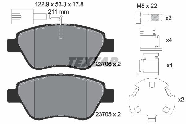 2370601 Set of brake pads 9172D1616 TEXTAR with integrated wear warning contact, with brake caliper screws, with accessories