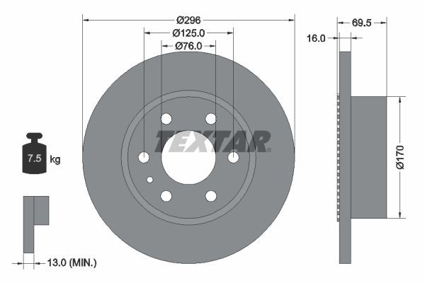 98200 1775 0 1 TEXTAR 296x16mm, 06/07x125, solid Ø: 296mm, Brake Disc Thickness: 16mm Brake rotor 93177500 buy