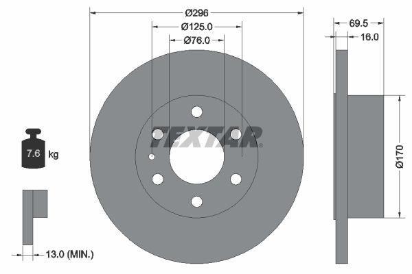 98200 2291 0 1 TEXTAR 296x16mm, 06/07x125, solid Ø: 296mm, Brake Disc Thickness: 16mm Brake rotor 93229100 buy