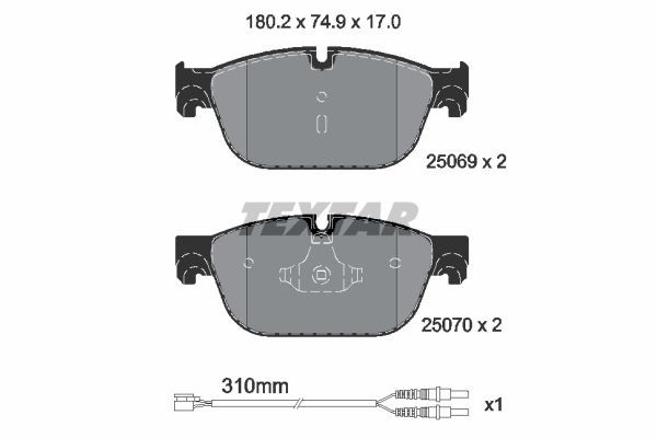 25069 TEXTAR incl. wear warning contact, with accessories Height: 74,9mm, Width: 180,2mm, Thickness: 17mm Brake pads 2506901 buy