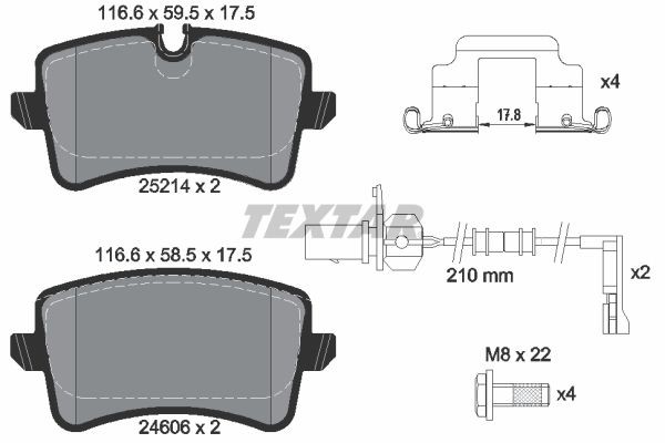24606 TEXTAR incl. wear warning contact, with brake caliper screws Height 1: 59,5mm, Height 2: 58,5mm, Width: 116,6mm, Thickness: 17,5mm Brake pads 2521402 buy