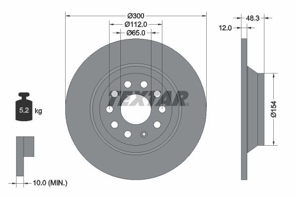 92255403 TEXTAR Brake rotors VW 300x12mm, 05/10x112, solid, Coated