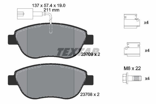 2370901 TEXTAR Brake pad set FIAT with integrated wear warning contact, with brake caliper screws, with accessories
