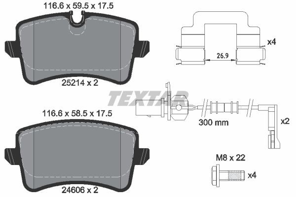 24606 TEXTAR incl. wear warning contact, with brake caliper screws, with accessories Height 1: 59,5mm, Height 2: 58,5mm, Width: 116,6mm, Thickness: 17,5mm Brake pads 2521401 buy