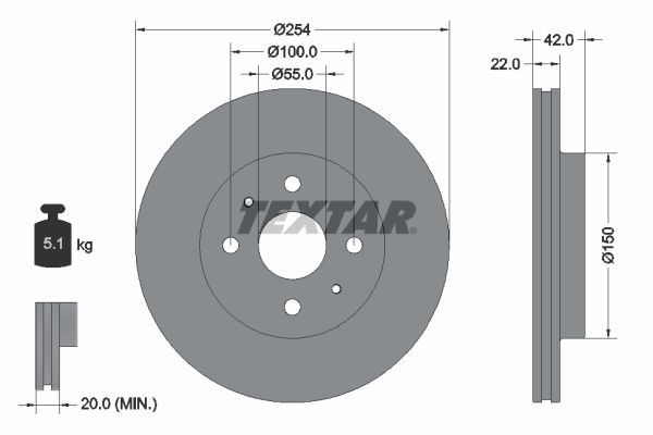 TEXTAR PRO 92204503 Brake disc 254x22mm, 04/06x100, internally vented, Coated