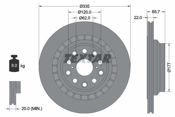 TEXTAR PRO 92224503 Brake disc 335x22mm, 05/12x120, Externally Vented, Coated