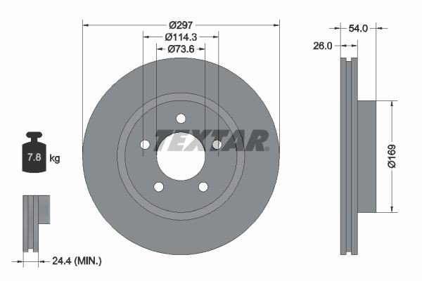92230003 TEXTAR Brake rotors CHRYSLER 297x26mm, 05/05x114,3, Externally Vented, Coated