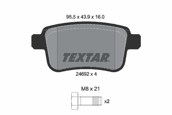 2469216024 TEXTAR nicht für Verschleißwarnanzeiger vorbereitet, mit Bremssattelschrauben Höhe: 43,9mm, Breite: 95,5mm, Dicke/Stärke: 16mm Bremsbelagsatz 2469204 günstig kaufen