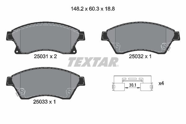 25031 TEXTAR Q+, with acoustic wear warning, with accessories Height: 60,3mm, Width: 148,2mm, Thickness: 18,8mm Brake pads 2503181 buy