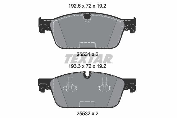 25531 TEXTAR prepared for wear indicator Height: 72mm, Width 1: 192,6mm, Width 2 [mm]: 193,3mm, Thickness: 19,2mm Brake pads 2553101 buy