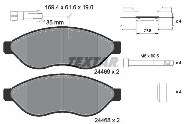 2446901 TEXTAR Brake pad set FIAT with integrated wear warning contact, with brake caliper screws, with accessories