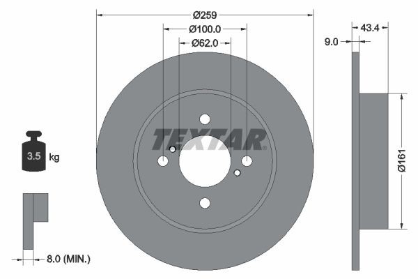 TEXTAR PRO 92242303 Brake disc 259x9mm, 04/06x100, solid, Coated