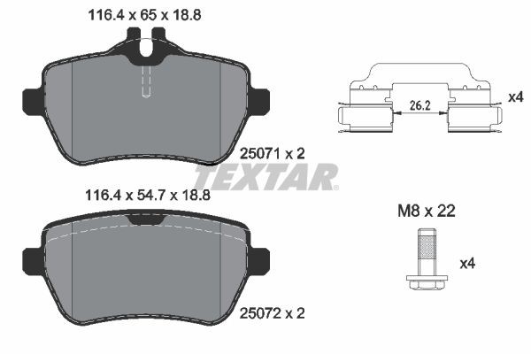 TEXTAR 2507101 Brake pad set prepared for wear indicator, with brake caliper screws, with accessories