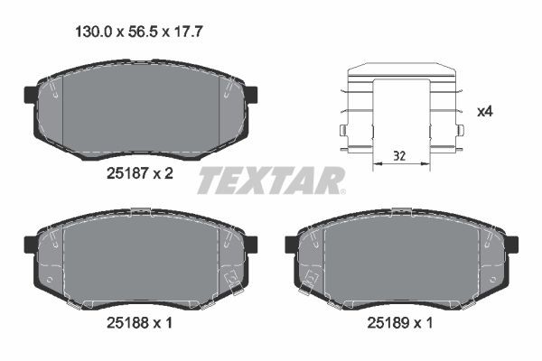 25187 TEXTAR with acoustic wear warning Height: 56,5mm, Width: 130mm, Thickness: 17,7mm Brake pads 2518701 buy