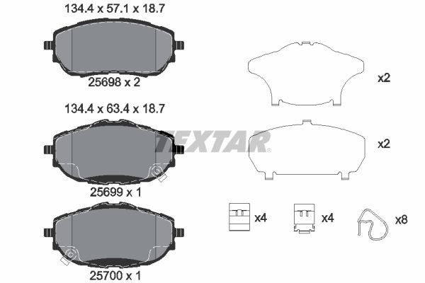 25698 TEXTAR with acoustic wear warning, with accessories Height 1: 57,1mm, Height 2: 63,4mm, Width: 134,4mm, Thickness: 18,7mm Brake pads 2569801 buy
