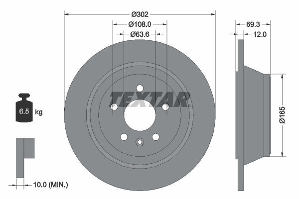 TEXTAR PRO 92168403 Brake disc 302x12mm, 05/06x108, solid, Coated