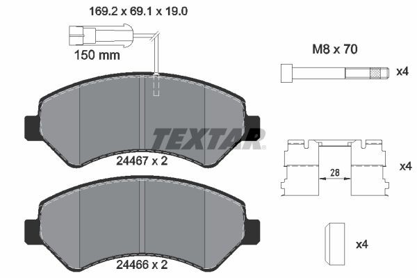 2446703 Set of brake pads 2446703 TEXTAR with integrated wear warning contact, with brake caliper screws, with accessories