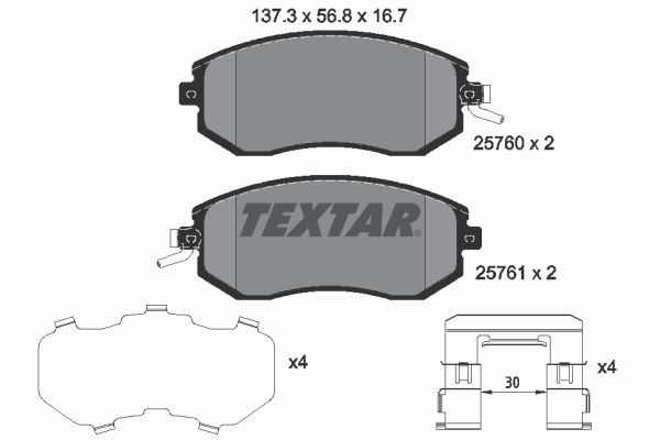 25760 TEXTAR with acoustic wear warning, with accessories Height: 56,8mm, Width: 137,3mm, Thickness: 16,7mm Brake pads 2576001 buy
