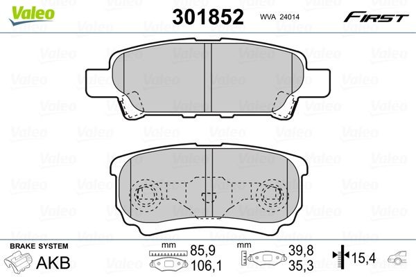 VALEO 301852 Brake pad set FIRST, Rear Axle, excl. wear warning contact, without anti-squeak plate