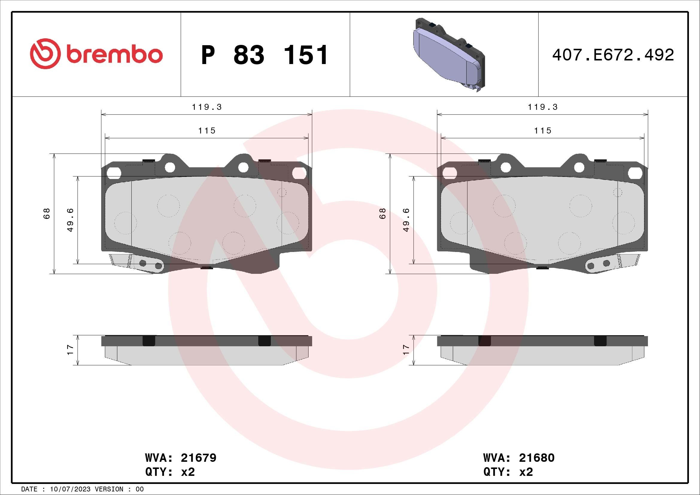 21679 BREMBO P83151 Brake pad set 04465-0K210