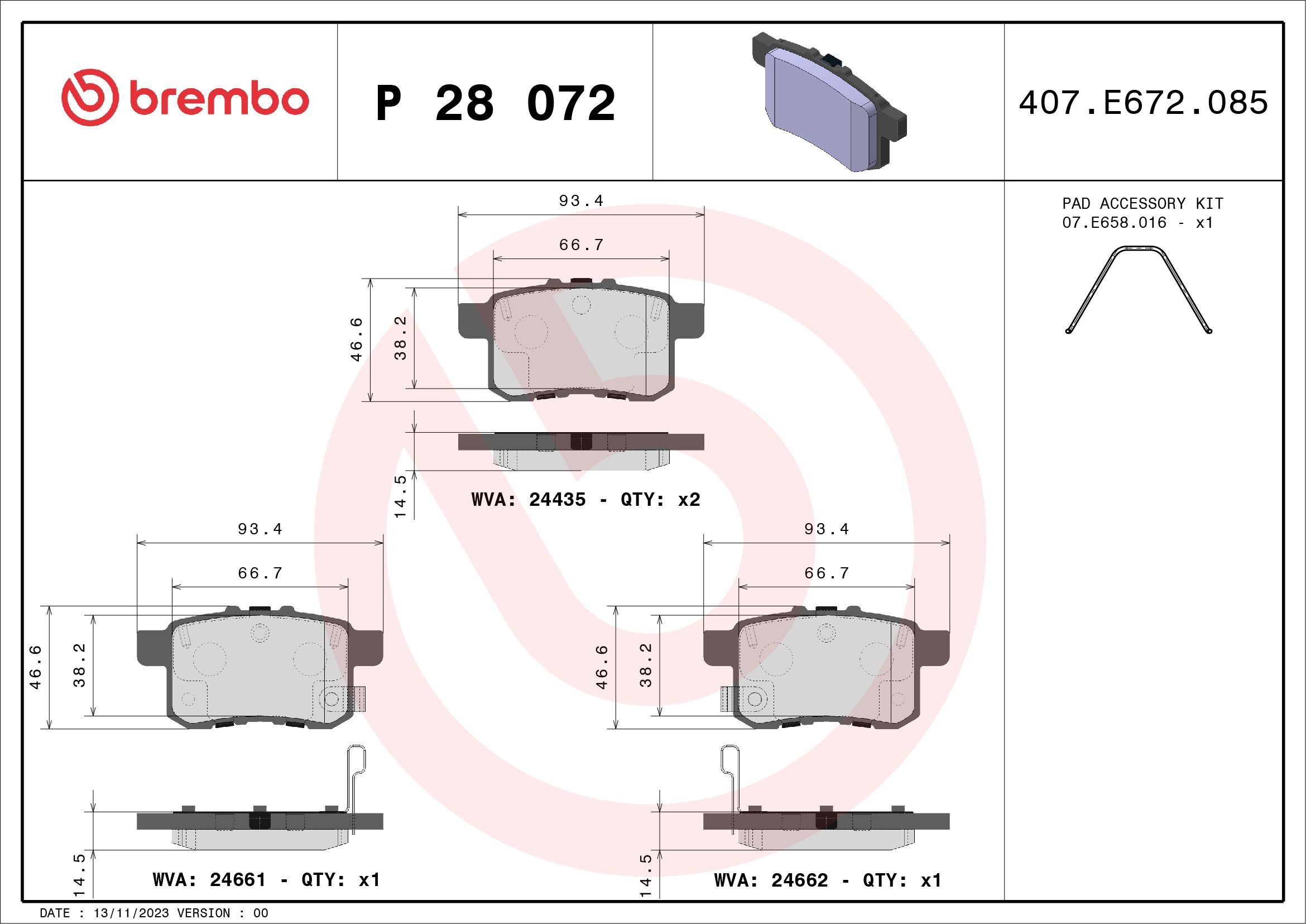 24435 BREMBO P28072 Brake pad set 43022-TA0-A41