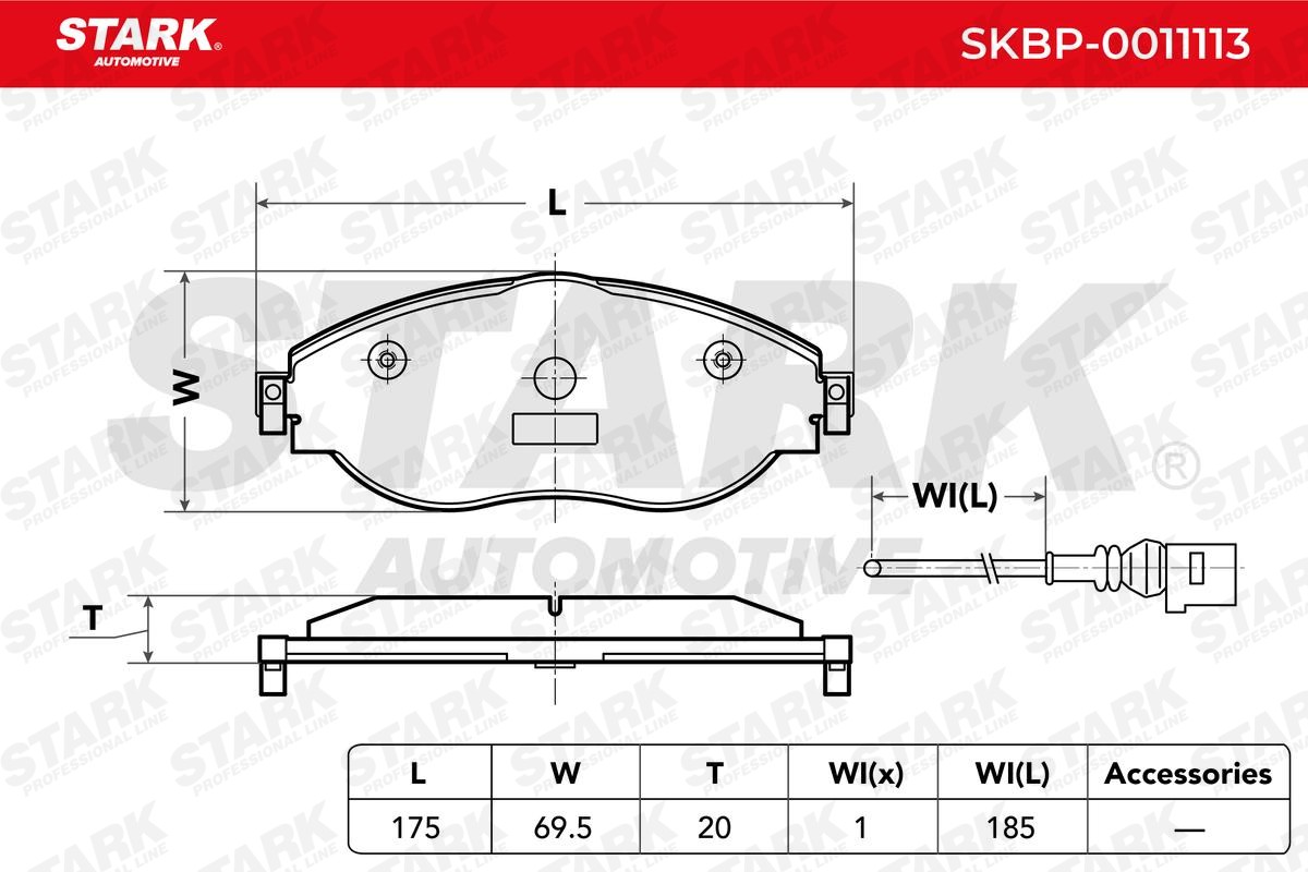 STARK Front Axle, incl. wear warning contact Height 1: 69,5mm, Width 1: 175mm, Thickness: 20mm Brake pads SKBP-0011113 buy