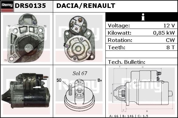 DELCO REMY DRS0135 Starter motor 12V, 0,85kW, Number of Teeth: 8, SOL67, Ø 66 mm, Remy Remanufactured