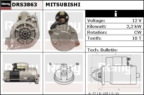 DRS3863N DELCO REMY Starter MITSUBISHI 12V, 2,2kW, Number of Teeth: 10, Ø 77 mm