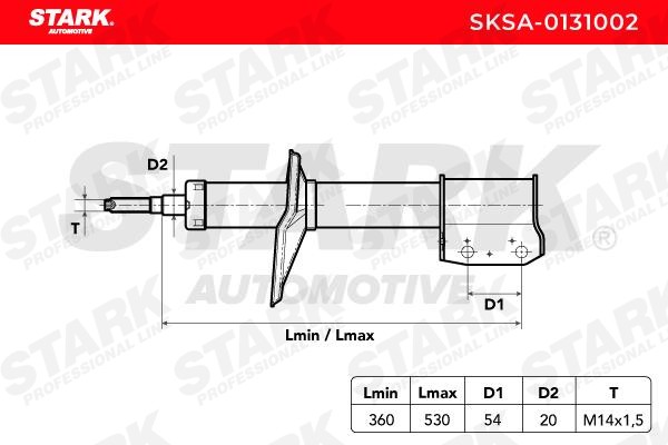 STARK SKSA-0131002 Shock absorber Front Axle, Gas Pressure, 531x358 mm, Twin-Tube, Suspension Strut, Top pin, Bottom Clamp