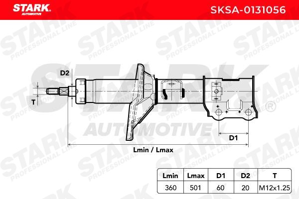 STARK SKSA-0131056 Shock absorber Front Axle Right, Gas Pressure, 501x360 mm, Twin-Tube, Suspension Strut, Top pin, Bottom Clamp