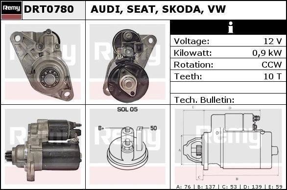 Volkswagen POLO Engine starter motor 7738823 DELCO REMY DRT0780 online buy