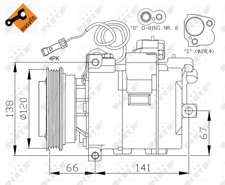 NRF 32131G Air conditioner compressor SD7H15-8227, 12V, PAG 100, with PAG compressor oil