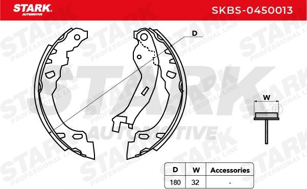 STARK SKBS-0450013 Brake Shoe Set Rear Axle, Ø: 180 x 32 mm, with handbrake lever