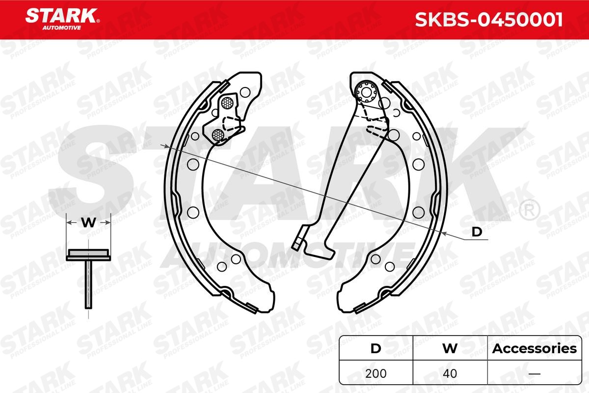 SKBS-0450001 Brake Shoes SKBS-0450001 STARK Rear Axle, 200 x 40 mm, with handbrake lever