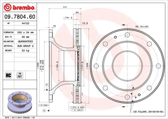 BREMBO 330x34mm, 8, internally vented, High-carbon Ø: 330mm, Num. of holes: 8, Brake Disc Thickness: 34mm Brake rotor 09.7804.60 buy