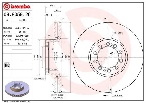 BREMBO 434x45mm, 10, internally vented, High-carbon Ø: 434mm, Num. of holes: 10, Brake Disc Thickness: 45mm Brake rotor 09.8059.20 buy