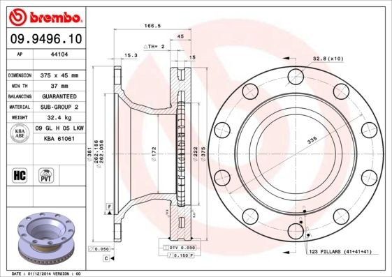 BREMBO 375x45mm, 10, internally vented, High-carbon Ø: 375mm, Num. of holes: 10, Brake Disc Thickness: 45mm Brake rotor 09.9496.10 buy