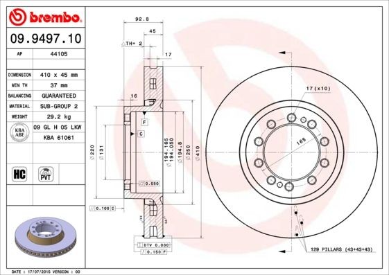 BREMBO 410x45mm, 10, internally vented, High-carbon Ø: 410mm, Num. of holes: 10, Brake Disc Thickness: 45mm Brake rotor 09.9497.10 buy