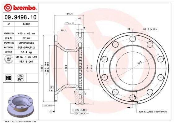 BREMBO 410x45mm, 10, internally vented, High-carbon Ø: 410mm, Num. of holes: 10, Brake Disc Thickness: 45mm Brake rotor 09.9498.10 buy