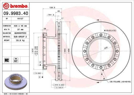 BREMBO 09.9983.40 Bremsscheibe für IVECO Stralis LKW in Original Qualität