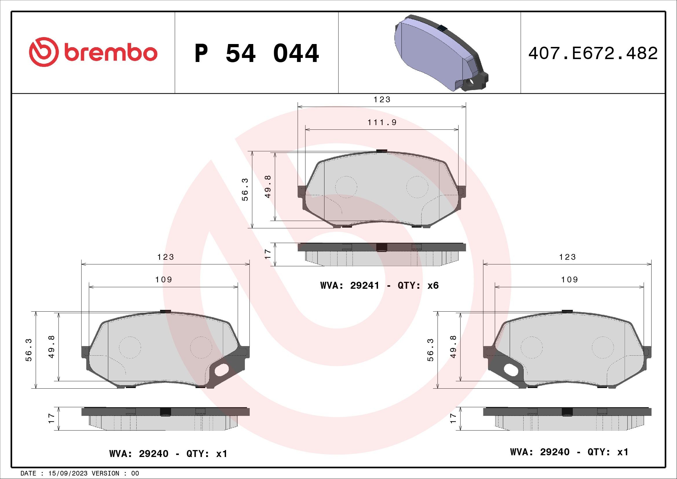 29240 BREMBO prepared for wear indicator, without accessories Height: 57mm, Width: 123mm, Thickness: 17mm Brake pads P 54 044 buy