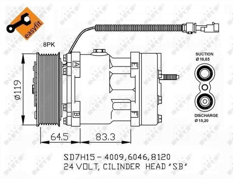 NRF EASY FIT SD7H15, 24V, PAG 46, with PAG compressor oil, with seal ring Belt Pulley Ø: 119mm, Number of grooves: 8 AC compressor 32750 buy