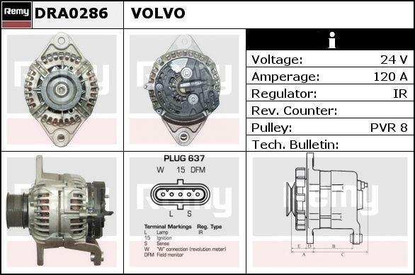 DELCO REMY DA1396 Alternators 24V, 120A, Plug637, Ø 72 mm, with integrated regulator, Remy Remanufactured