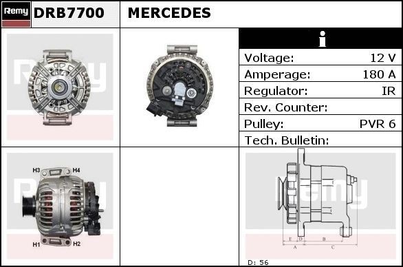 DELCO REMY DB8810 Alternators 12V, 180A, Plug735, Ø 50 mm, with integrated regulator, Remy Remanufactured