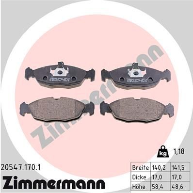 20547 ZIMMERMANN prepared for wear indicator, Photo corresponds to scope of supply Height 1: 58mm, Height 2: 49mm, Width 1: 140mm, Width 2 [mm]: 142mm, Thickness: 17mm Brake pads 20547.170.1 buy