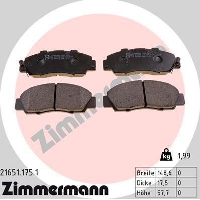 21651 ZIMMERMANN with acoustic wear warning, Photo corresponds to scope of supply Height: 58mm, Width: 149mm, Thickness: 18mm Brake pads 21651.175.1 buy